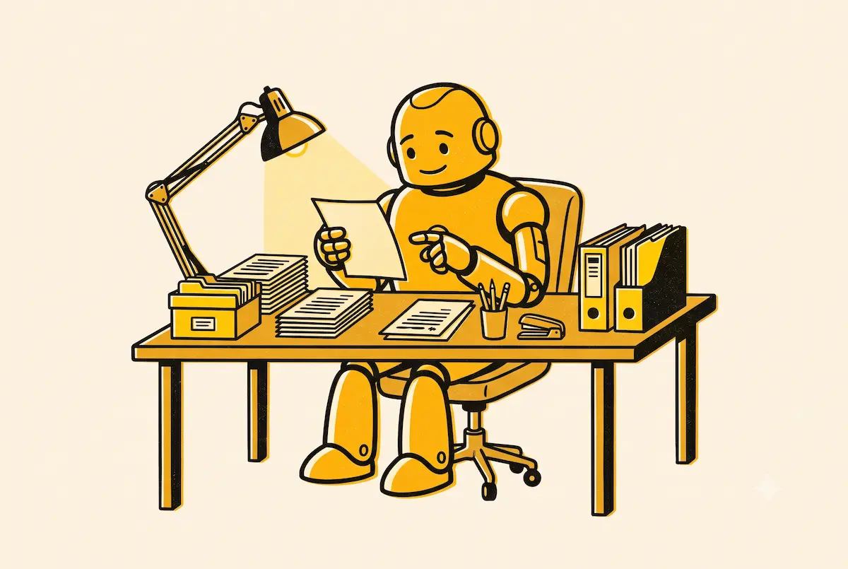 pieza Robot amable trabajando en un escritorio, ilustración en amarillo y negro que representa la IA para empresas