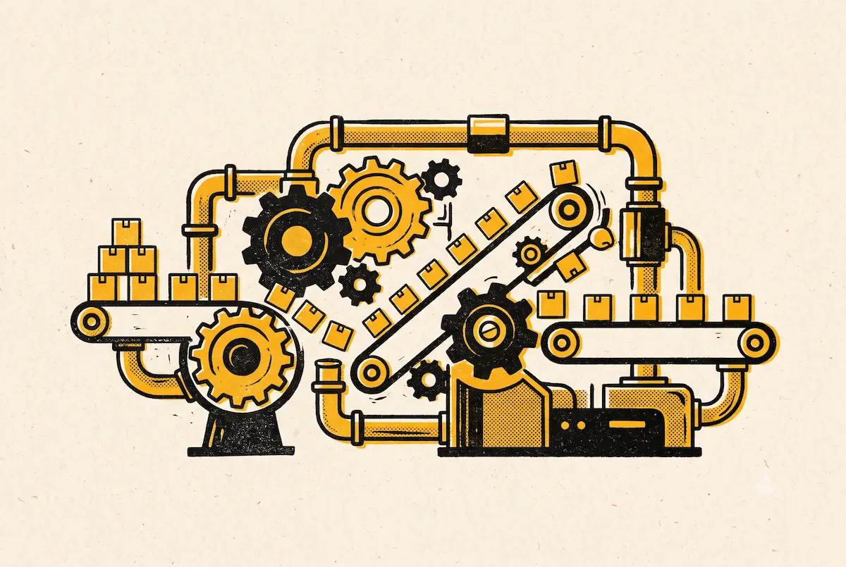 faro Engranajes y máquinas conectadas, ilustración en amarillo y negro que representan las automatizaciones