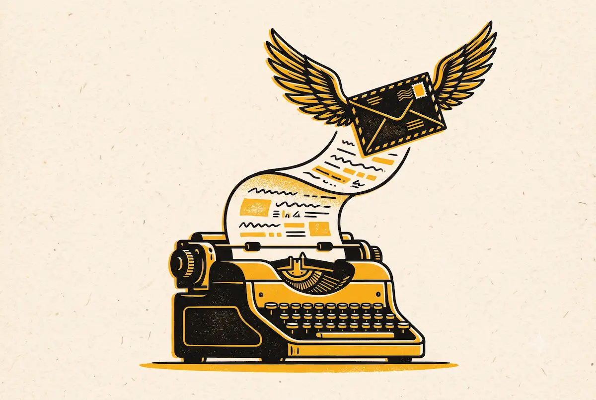 salamaquinas Máquina de escribir y sobre de correo, ilustración en amarillo y negro que representa contenidos y email marketing