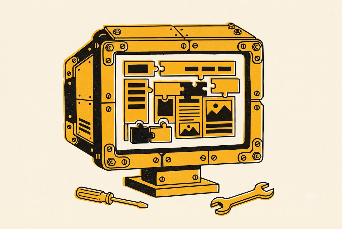 pieza Monitor de ordenador montándose como un mecano con piezas de puzle, ilustración en amarillo y negro que representa el desarrollo web