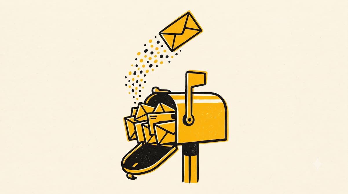 Ilustración risográfica de un envío de newsletter por correo electrónico