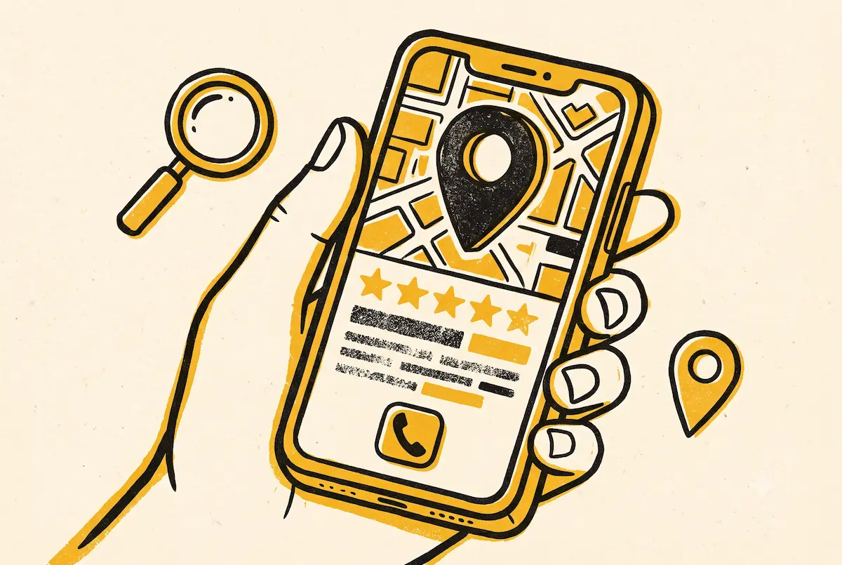 Ficha de un negocio con reseñas, estrellas y mapa en el móvil, ilustración en amarillo y negro