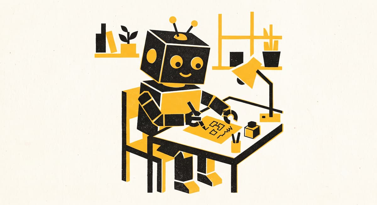 robot Robot amigable trabajando en un escritorio, ilustración en amarillo y negro que representa la IA