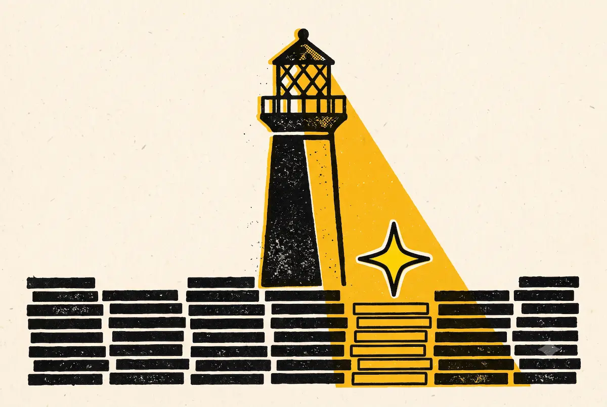 faro Faro iluminando entre la niebla, ilustración en amarillo y negro que representa el SEO y GEO